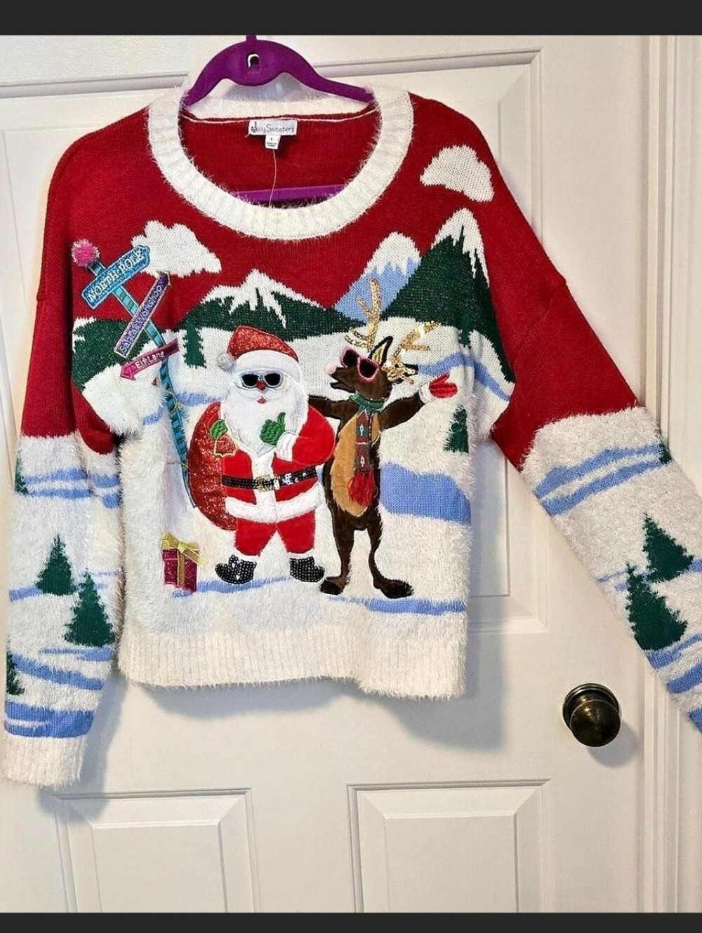 Festive Red & White Holiday Crewneck Sweater with Santa and Reindeer